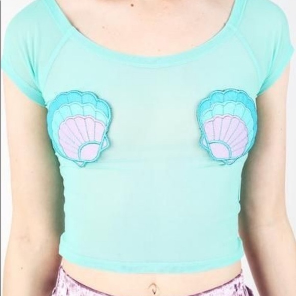NEW! IRON FIST | MERMAID FOR LIFE | Mesh Crop Top Aqua Seashells Size MEDIUM - Picture 4 of 14